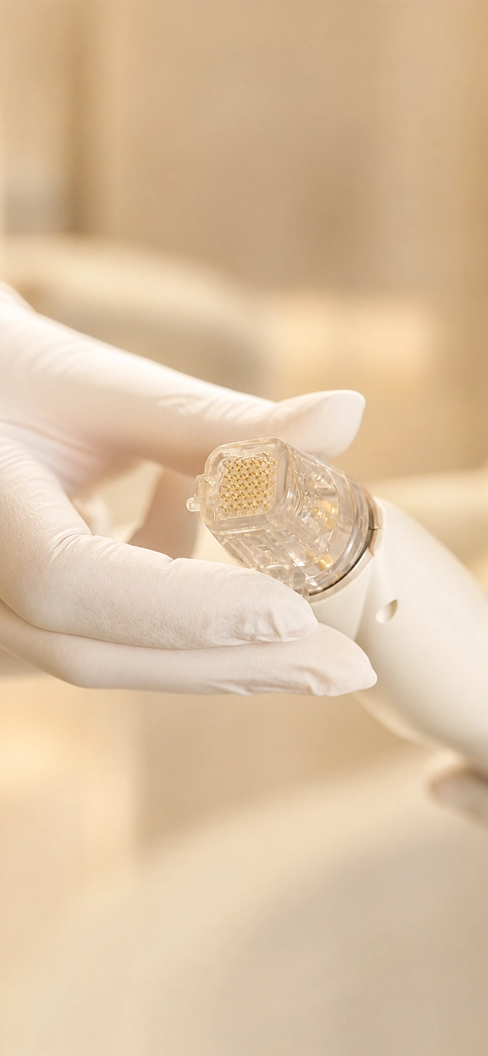 Aesthtetische Medizin - Eine behandschuhte Hand hält eine Kartusche für ein Radiofrequenz-Microneedling-Gerät.